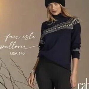 SZL CAbi Fair Isle Pullover Sweater. Zip shoulder accent. Navy Gold White